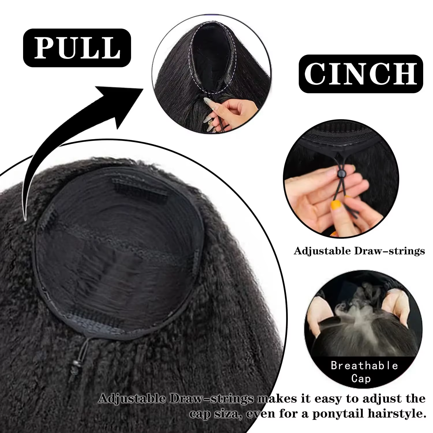 Perruque mi-tête Kinky Straight en cheveux humains, sans colle, prête à porter, 3-en-1, avec cordon 