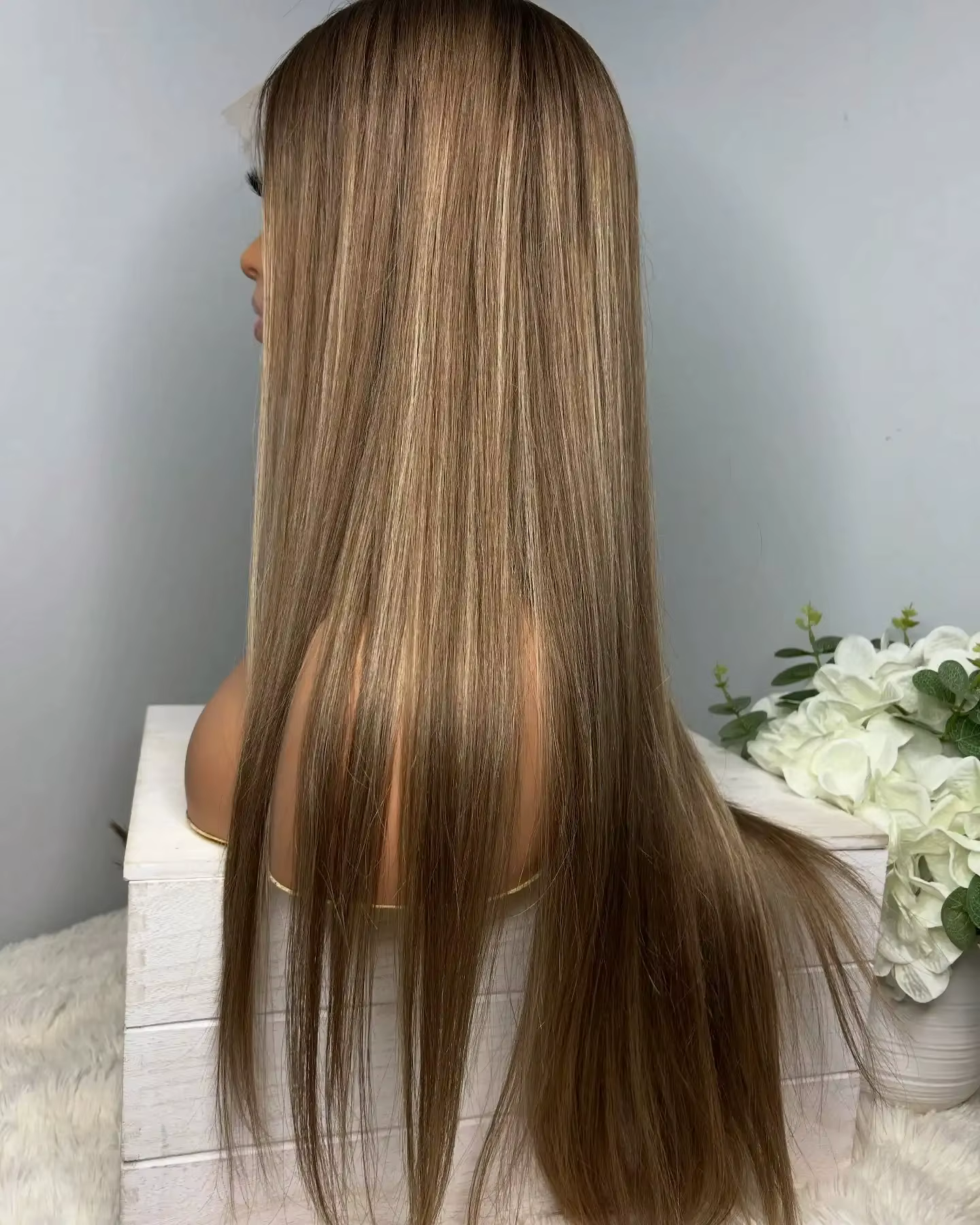 Perruque à dentelle frontale avec mèches blondes brunes pour coiffure de mariage, longue et droite, 