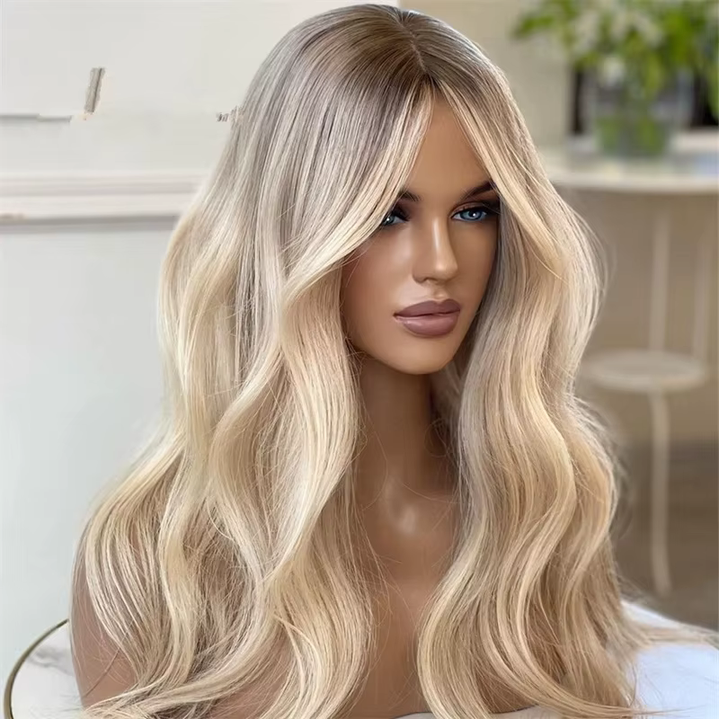 Perruque Lace Ombre Blond Cendré, Douce comme des Cheveux Humains, Perruques Longues Ondulées Pré-Pl