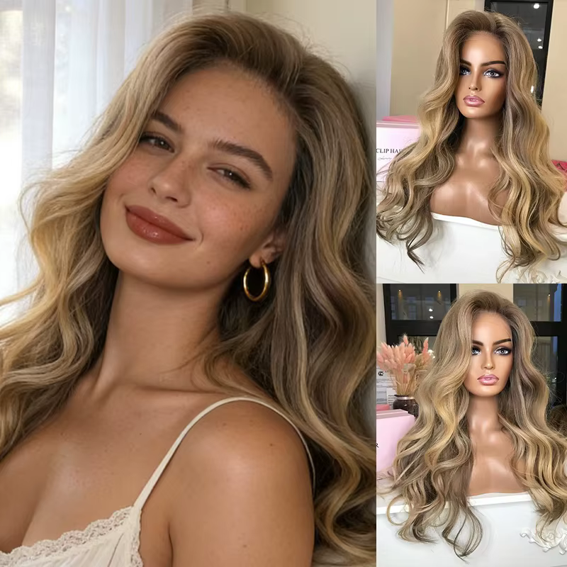 Perruque Lace Front Tendance avec Mèches Blond Miel Doré, Perruques Réalistes pour Femme, Cosplay, U