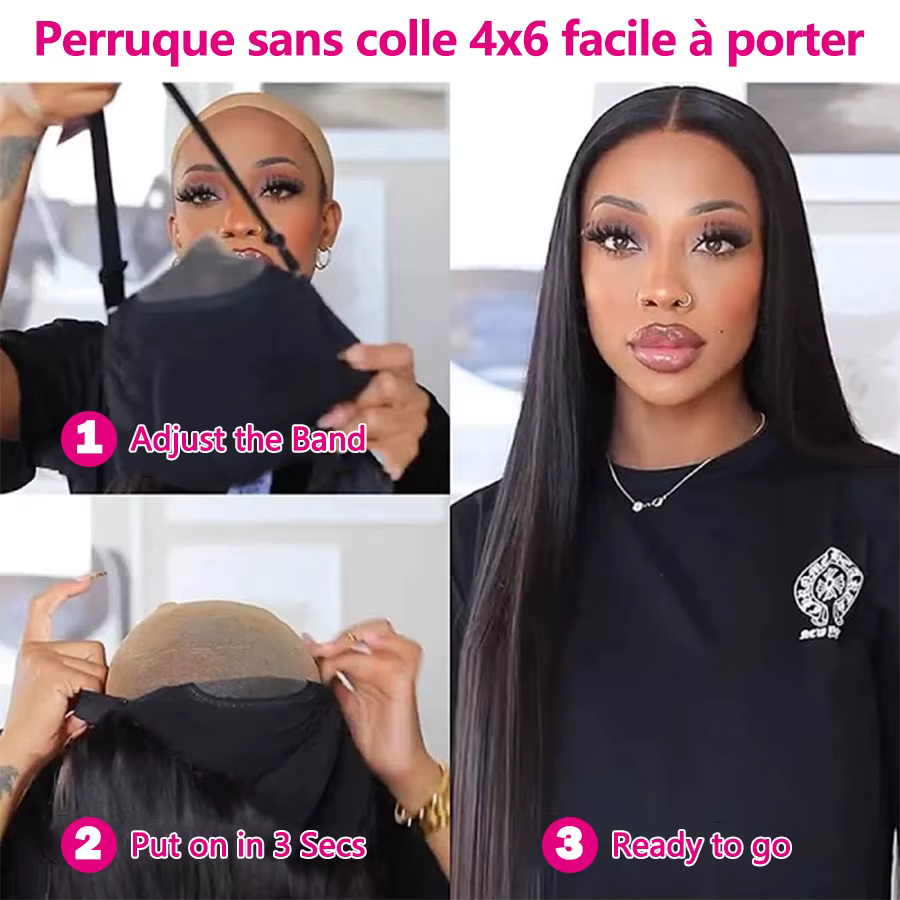 Perruques en cheveux humains sans colle 6x4, prêtes à porter, prédécoupées, 4x4, sans colle, avec de