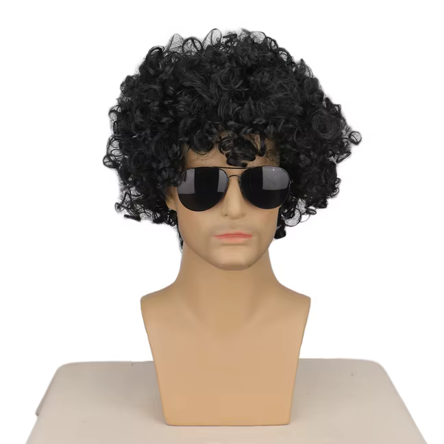 Perruque courte noire bouclée style rocker disco pour hommes avec lunettes, perruque effet mouillé p