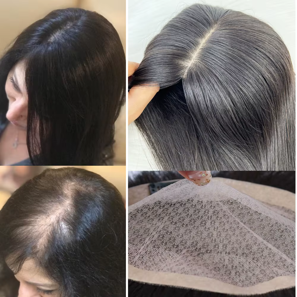 15X17 cm Base en soie femmes Topper avec 4 Clips en postiche malaisie vierge cheveux humains toupet 