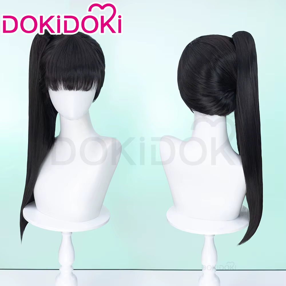 DokiDoki-Perruque cosplay noire pour femme, perruque de jeu Sto.org Blade, cheveux longs noirs, haut