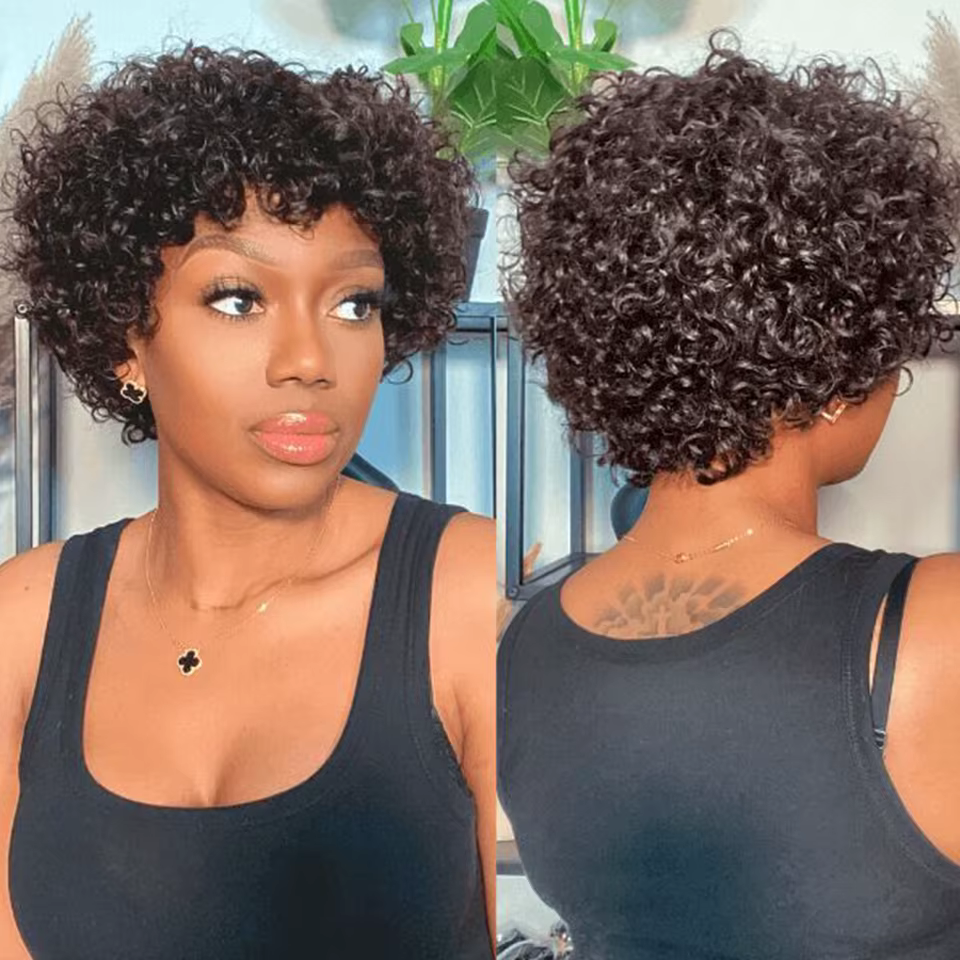 Perruques de cheveux humains Afro bouclés courts élégants avec frange pour les femmes vêtements de c