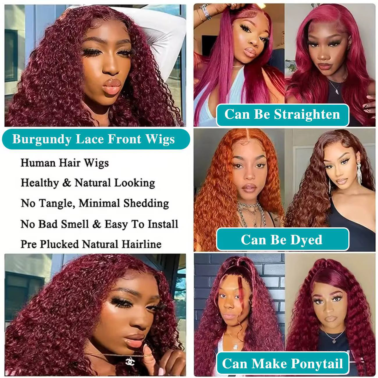 Perruque Lace Frontal Wig naturelle bordeaux 99j, 13x6, Deep Wave, pre-plucked, transparente HD, pou