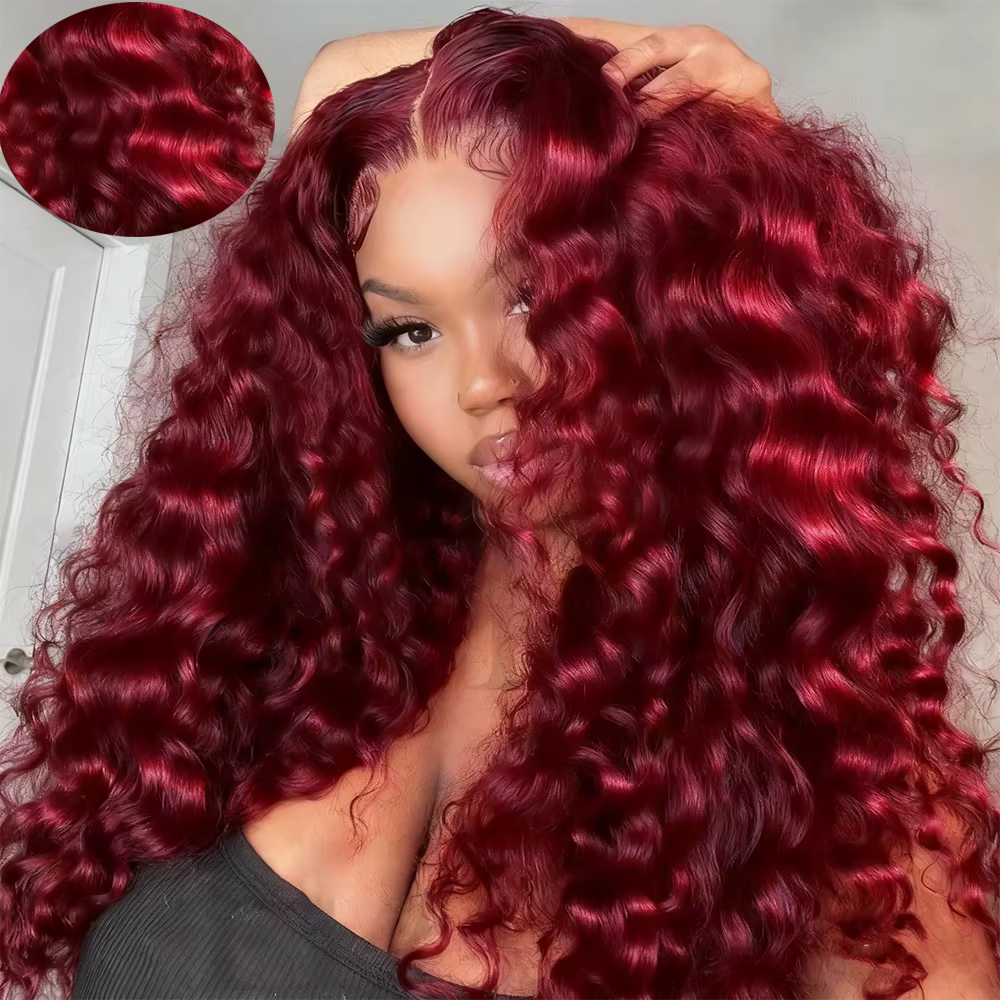 Ondulations profondes # Perruque frontale en dentelle HD 13x6 couleur bordeaux 99J, cheveux humains,