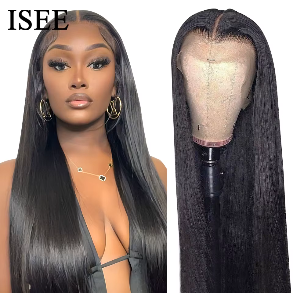 ISEE-Perruque Full Lace Front Wig naturelle lisse, cheveux humains, 13x6, pre-plucked, transparente,