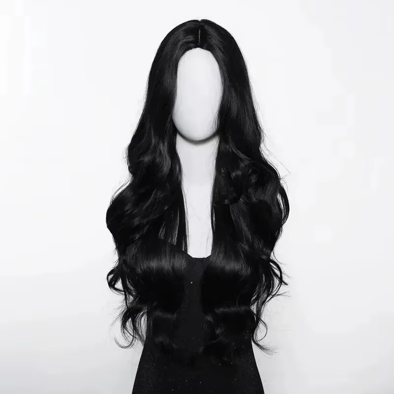 Perruque synthétique noire avec coiffure longue ondulée séparée pour fête, cosplay d'Halloween, usag