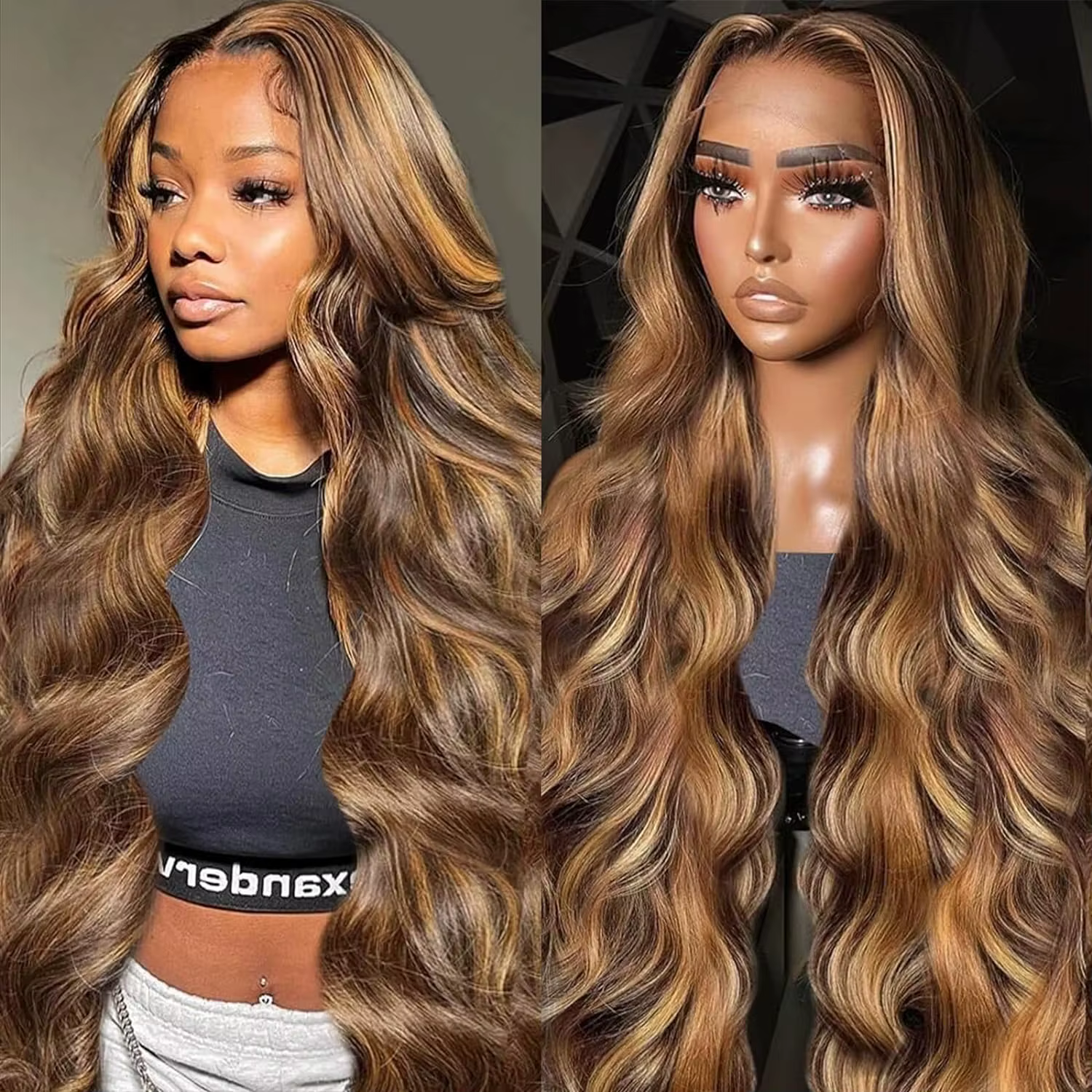 Perruque Lace Front Wig Body Wave Naturelle, Cheveux Humains, Couleur Ombre, Blond Miel, à Reflets