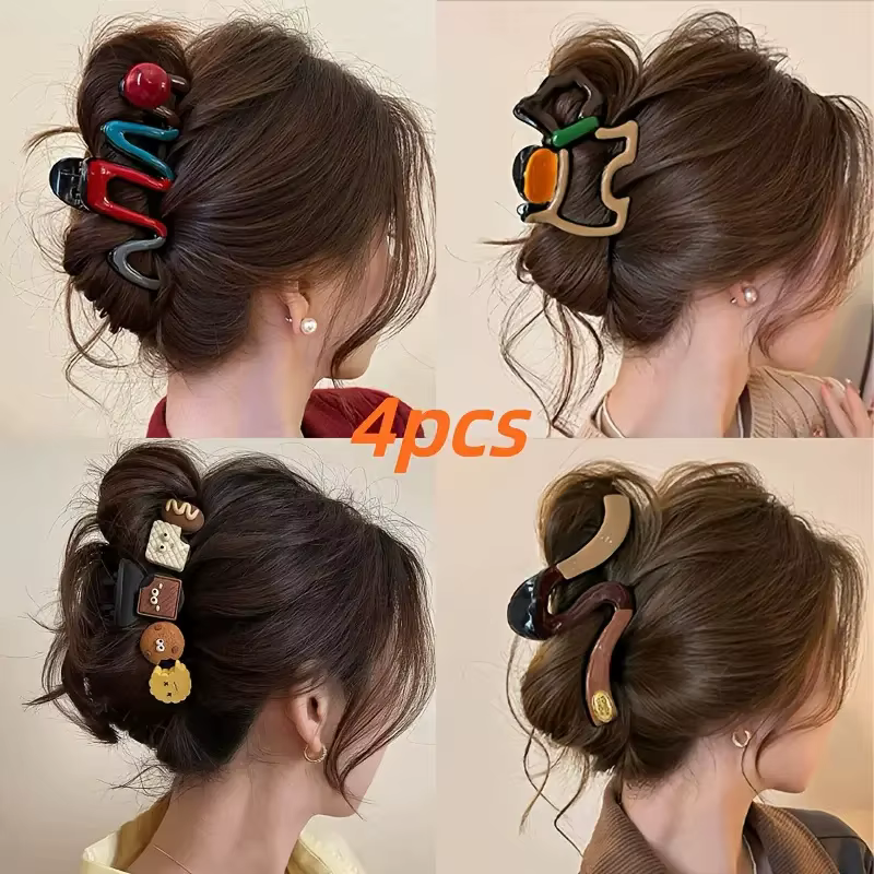 Grands pinces à cheveux élégantes pour femmes, 4 pièces, Design ondulé Chic avec Accents de couleur,