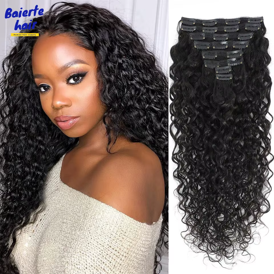 Extensions de cheveux à clipser effet vague d'eau, double trame, cheveux humains véritables pour fem