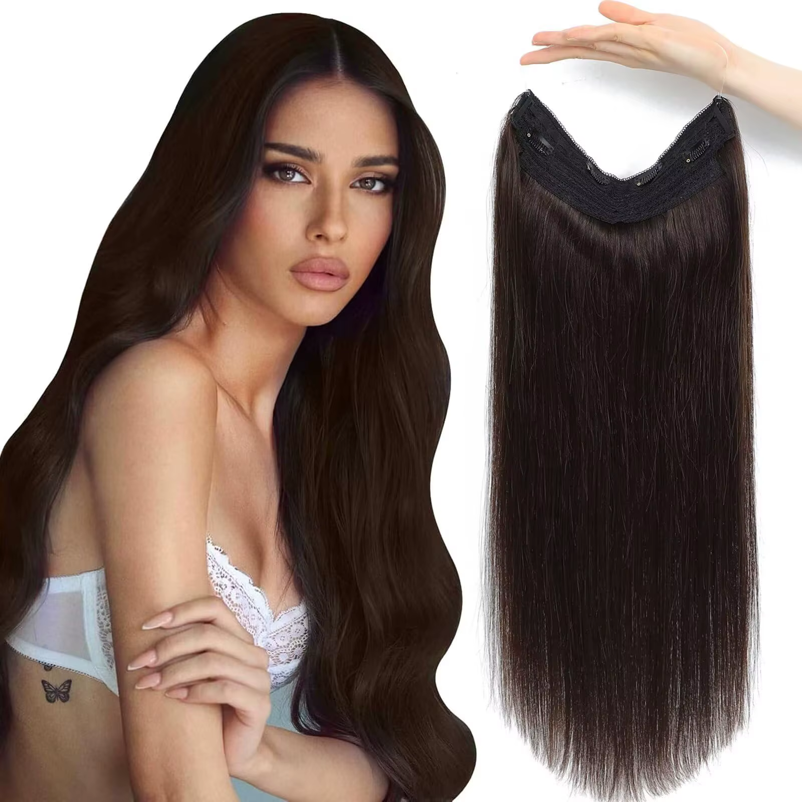 Extensions de cheveux à fil invisible, vrais cheveux humains, brun foncé, Extensions de cheveux invi