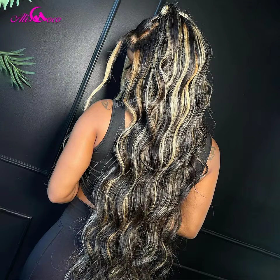 Perruque Naturelle à Reflets Blonds pour Femme, Cheveux Humains Ondulés, Densité 180%, 13x4, 13x6