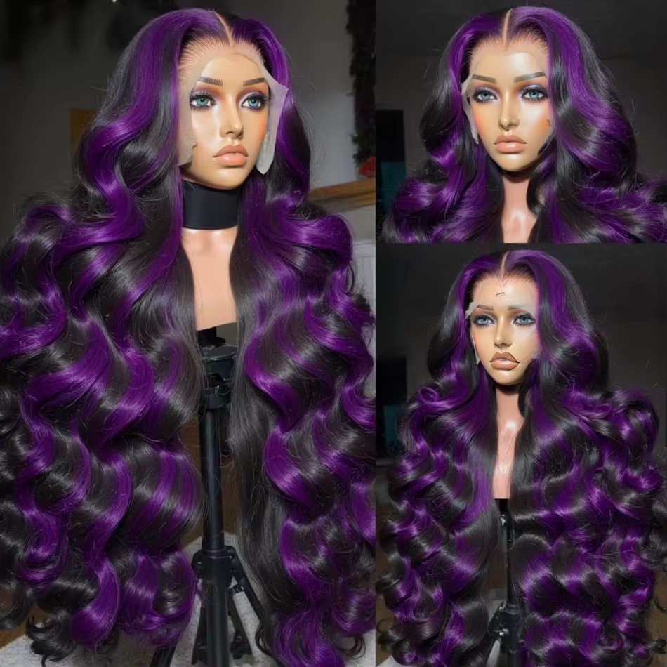 Perruque Dialola 13x6 13x4 HD Transparente en Dentelle Frontale, Cheveux Humains, Violet Foncé avec