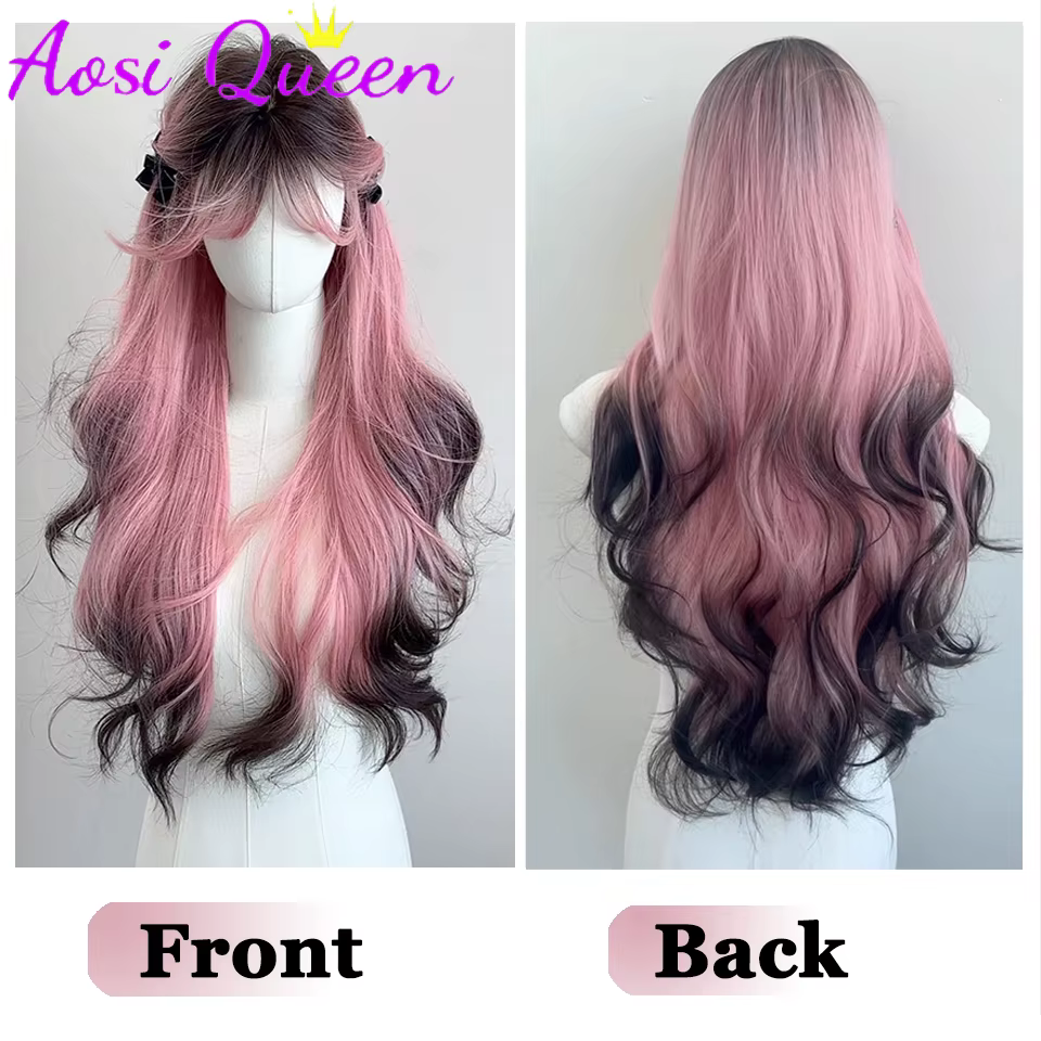 AosiQueen – perruques synthétiques ombrées noires et roses pour Cosplay, perruques longues et ondulé