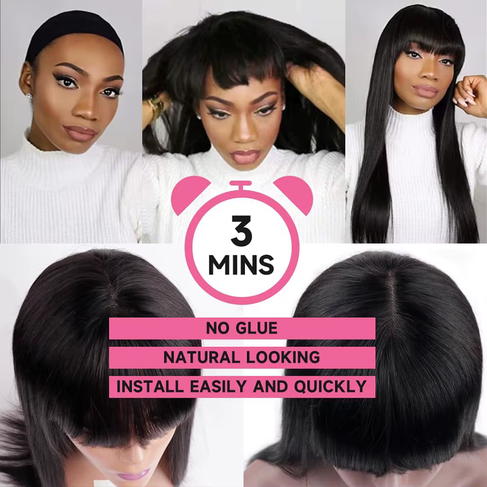 Perruque en cheveux humains noirs naturels, lisses, avec frange, pour femmes, 30-34 pouces, brésilie