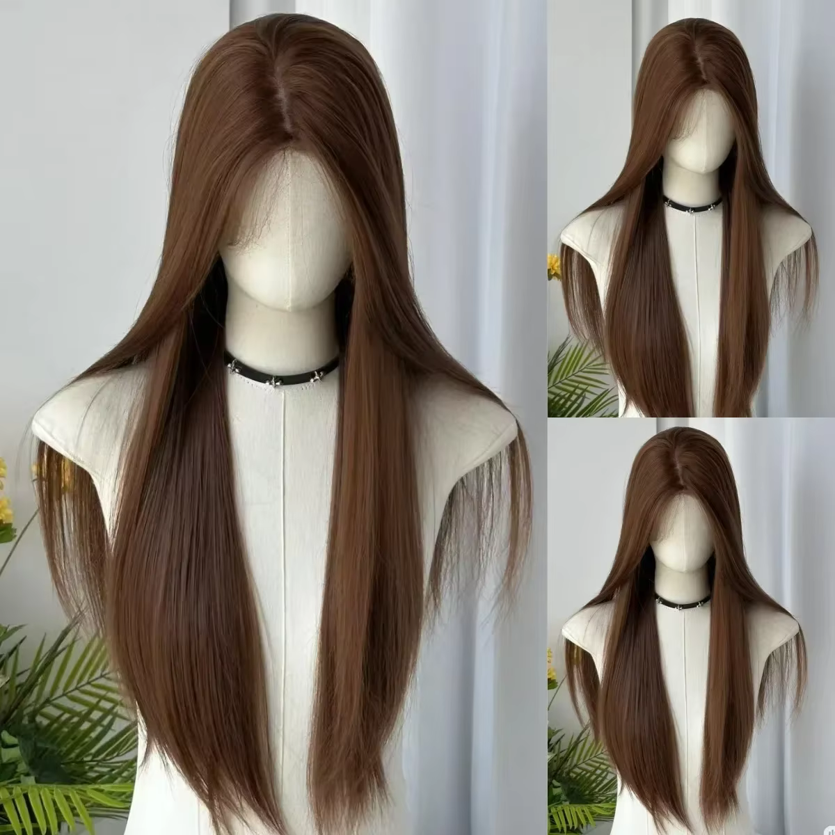 Perruque brune longue perruque de cheveux Shtriaght 24 pouces perruques synthétiques marron clair po