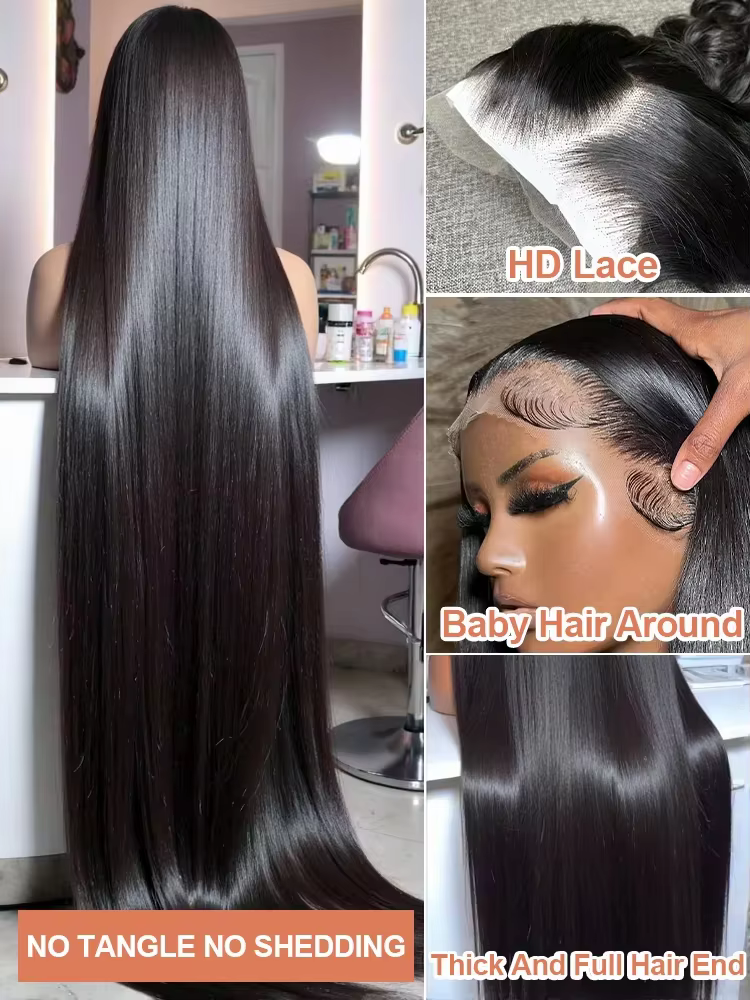 Perruques de cheveux humains brésiliens lisses avec dentelle transparente 13x6, densité 250, 40 pouc