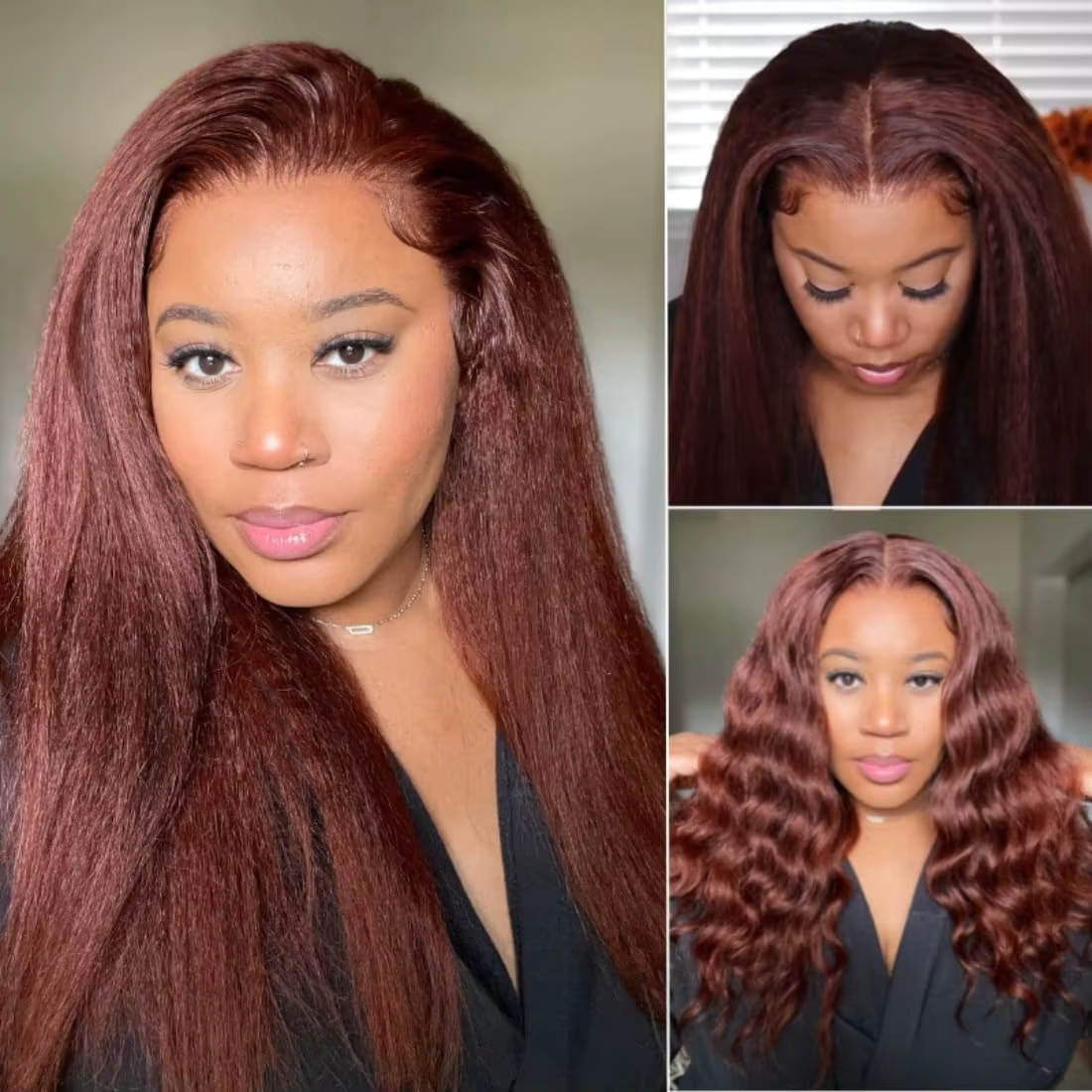 13X4 brun rougeâtre crépus droite dentelle frontale perruque cheveux humains Auburn cuivre Yaki droi