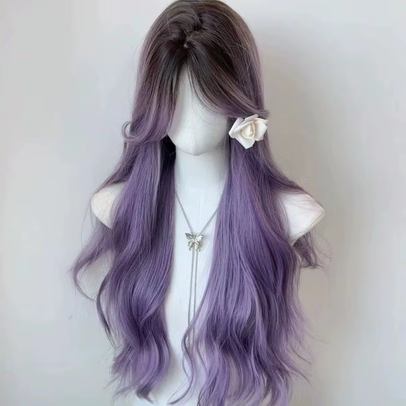 Perruque femme pleine tête perruque coiffure cheveux longs dégradé violet Cosplay grande vague cheve