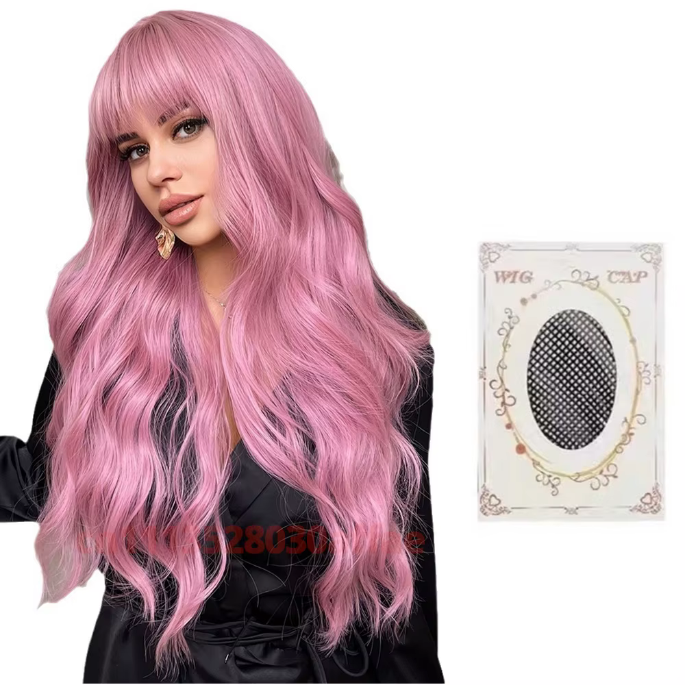 Perruque synthétique longue rose bouclée ondulée tendance avec frange, perruques ondulées pour femme