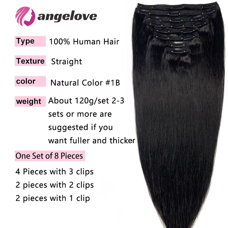 Clip droit dans l'extension de cheveux cheveux humains 120 g/ensemble pince droite dans l'extension