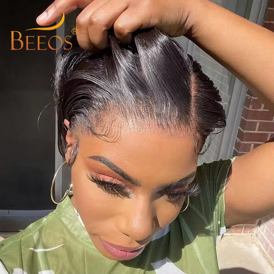 BEEOS-Perruque Lace Front Wig Brésilienne Naturelle, Cheveux Humains, Coupe Pixie, Pre-Plucked, 13x4