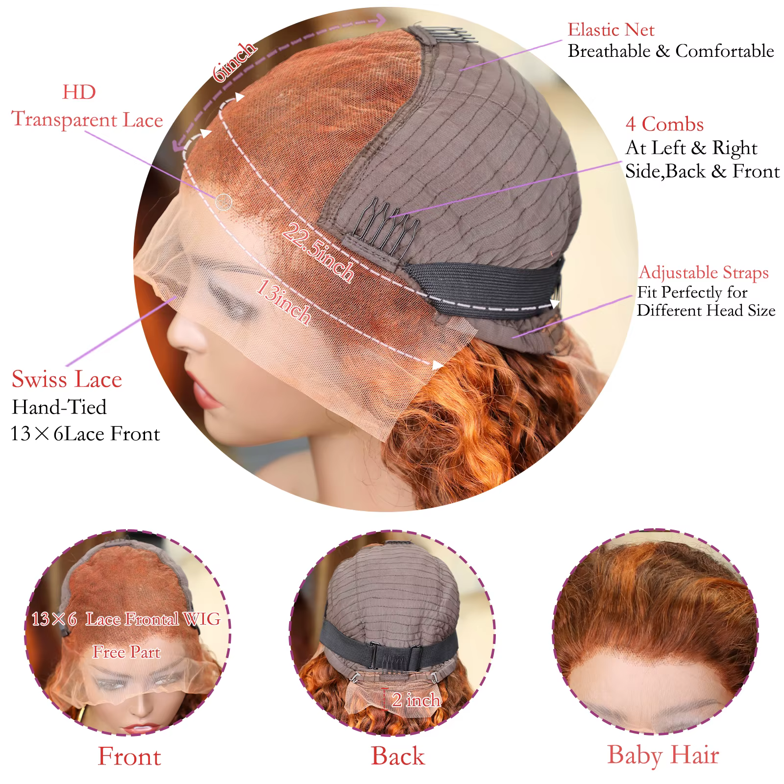 Vague d'eau 4/350 mettre en évidence 13x6 HD dentelle frontale perruque cheveux humains brun gingemb
