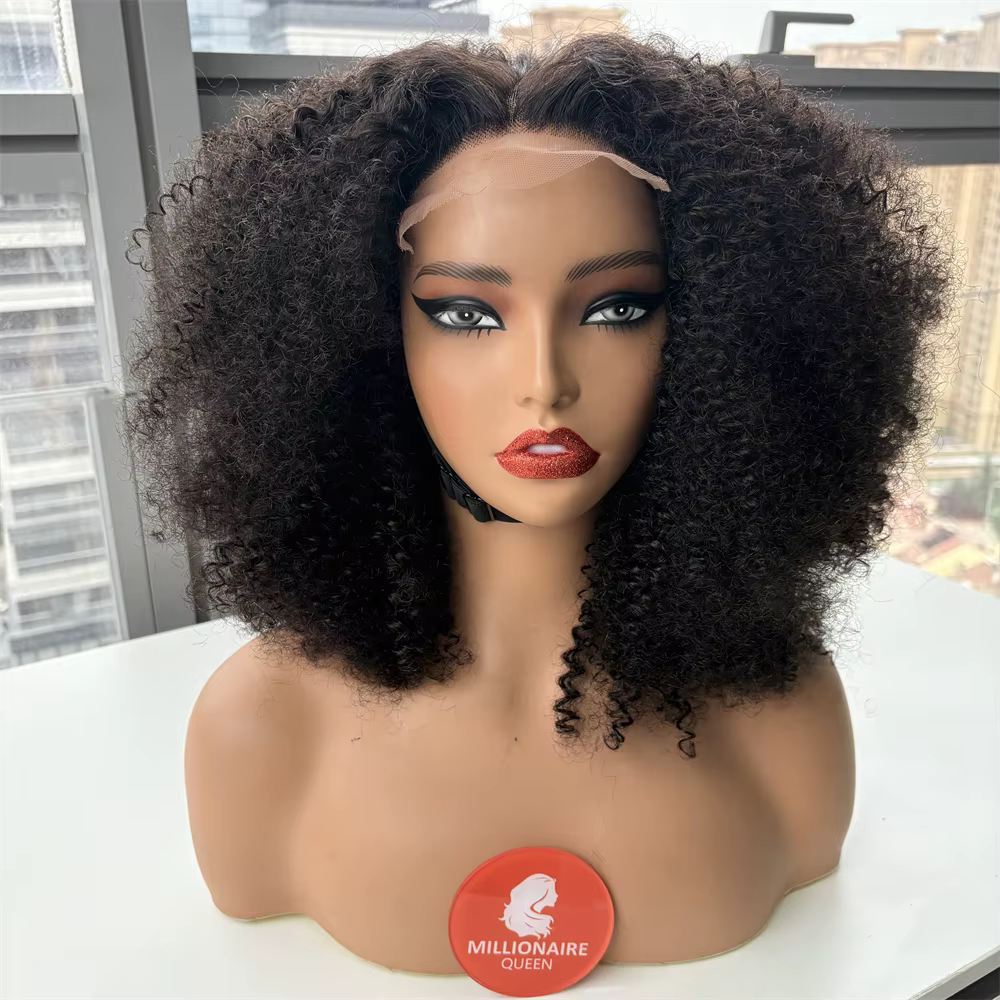 Millionaire reine sans colle perruque cheveux humains Afro crépus bouclés 5x5 fermeture dentelle per