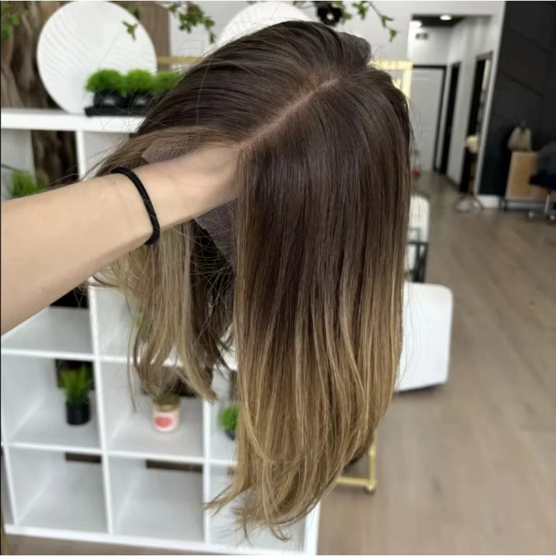 Perruque Bob transparente invisible, ombrée brun-blond avec racines foncées, perruque de fête, perru