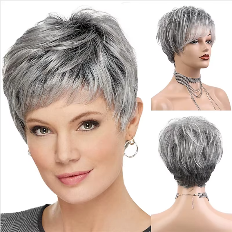 HAIRJOY cheveux synthétiques courts bouclés coupe lutin perruques pour femmes jolies perruques grise