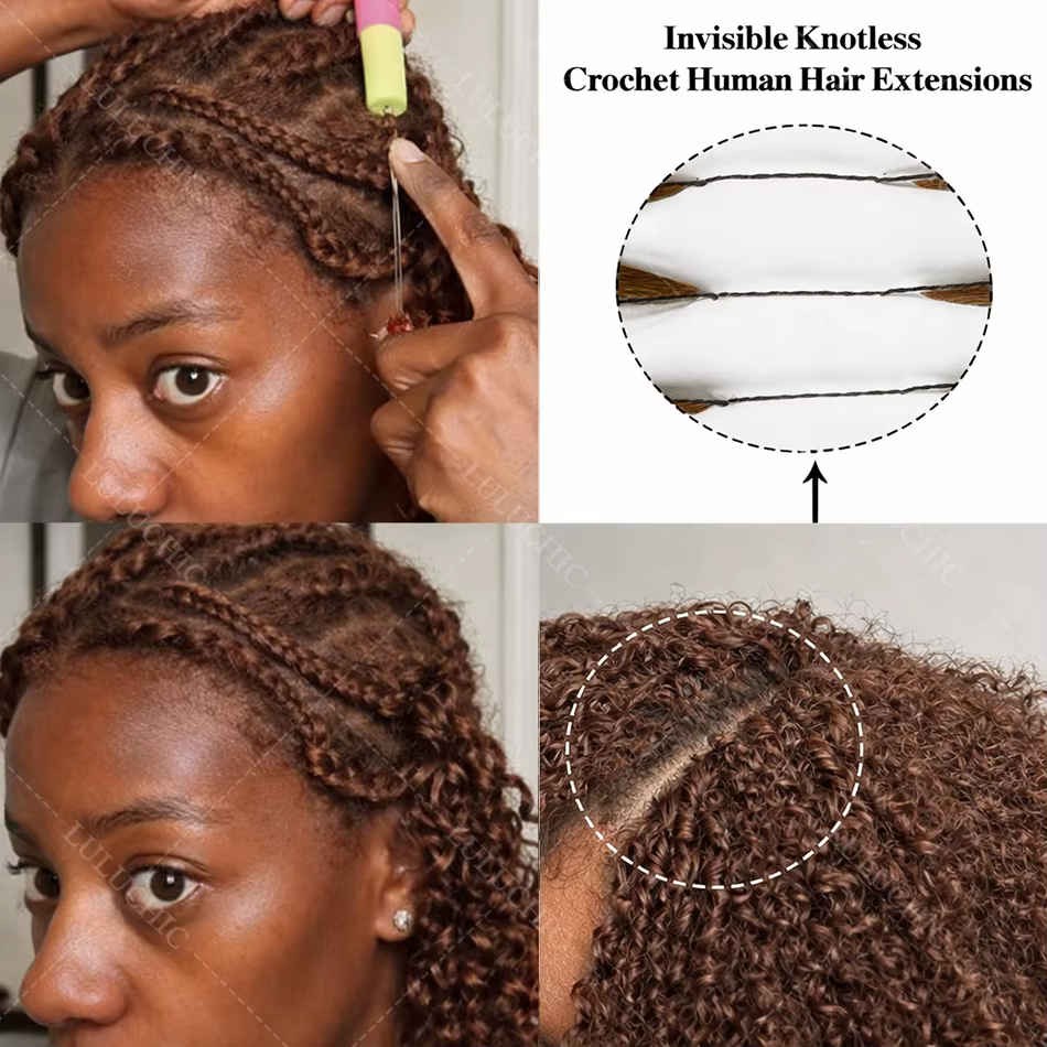 Extensions de cheveux humains bouclés au crochet, couleur marron chocolat, à ondulations profondes, 