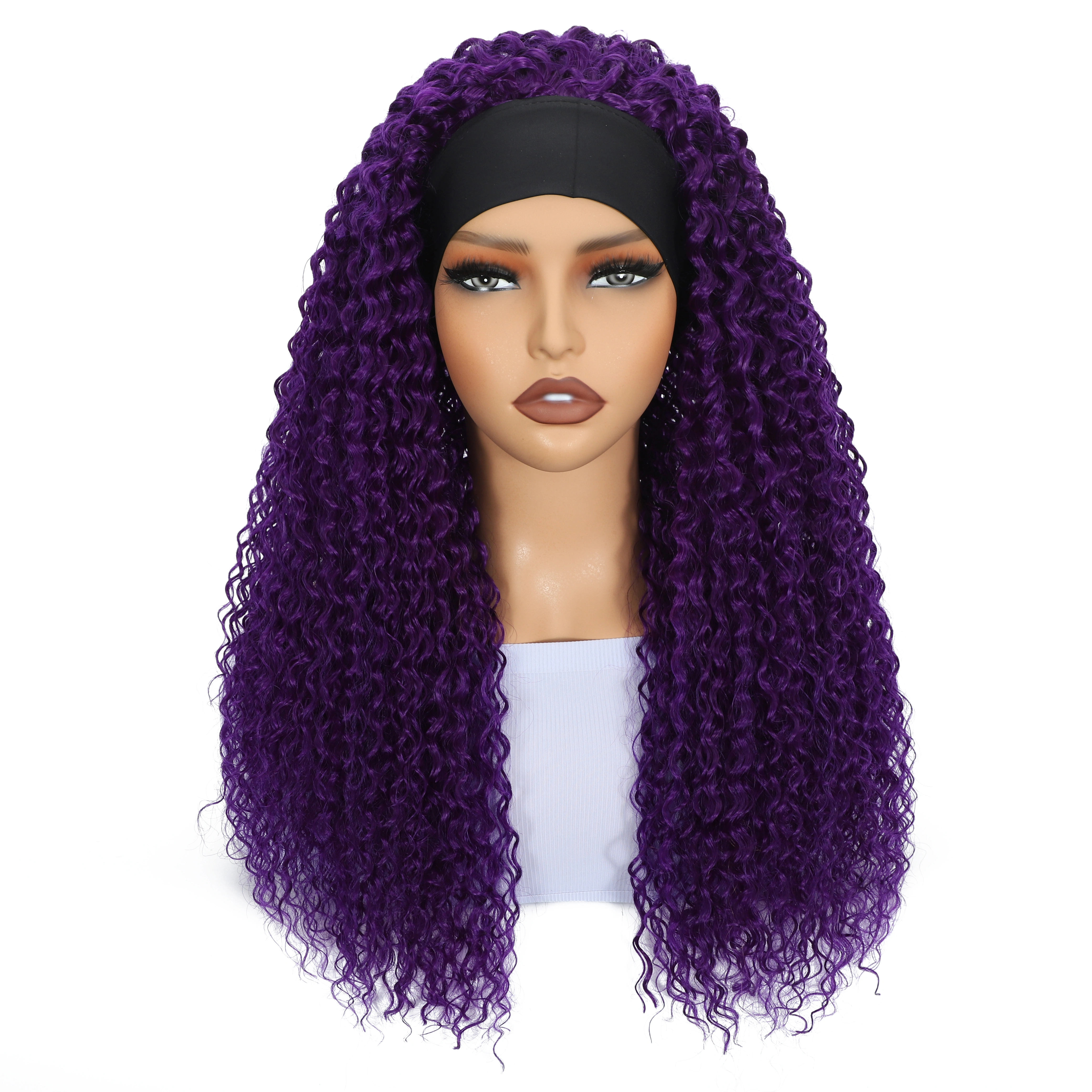 Perruque bandeau violette pour femme avec ligne de cheveux naturelle, boucles souples synthétiques e