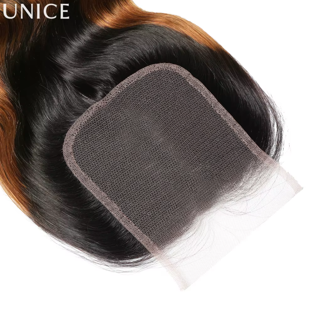 UNice Ombre Brown Highlights Body Wave 4x4 Lace Closure 1PC 100% Cheveux Humains Closure Free Part