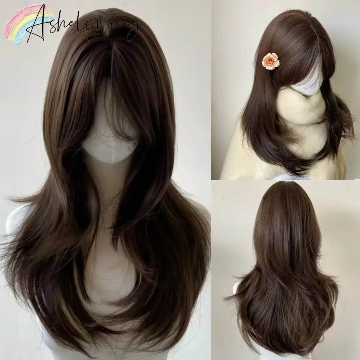 Perruque brune pour femme avec bandeau, cheveux synthétiques lisses brun foncé, modèle Rose Hair, av