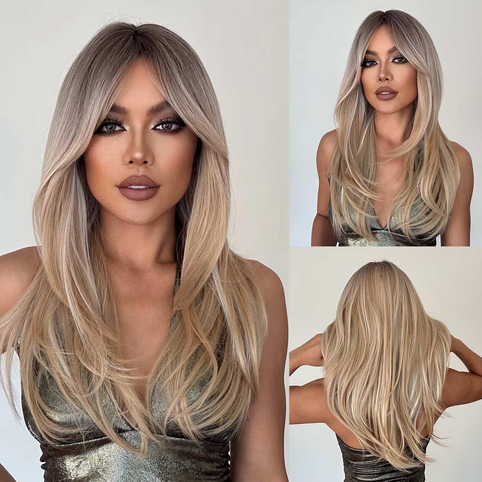 Perruque synthétique longue et lisse à reflets platine blond avec frange, cheveux naturels résistant