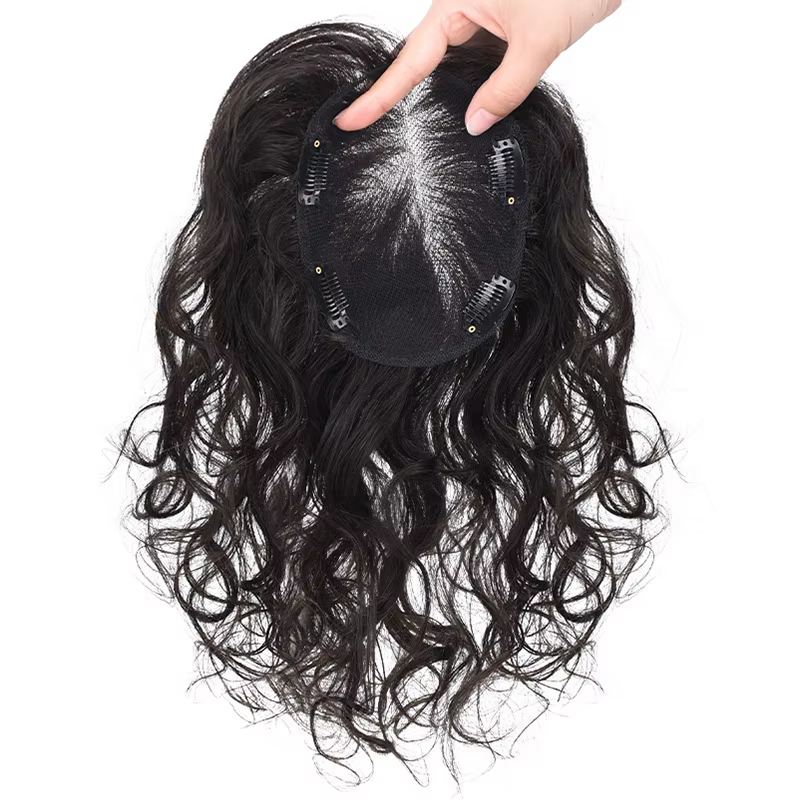 Topper de cheveux humains bouclés pour femme, cheveux raides, clips naturels, fait à la main, filet 
