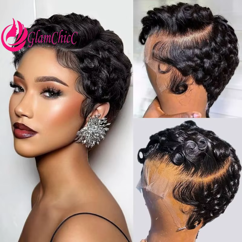 12A Pixie bouclés 13x4 dentelle frontale couleur naturelle 4 pouces perruque de cheveux humains brés