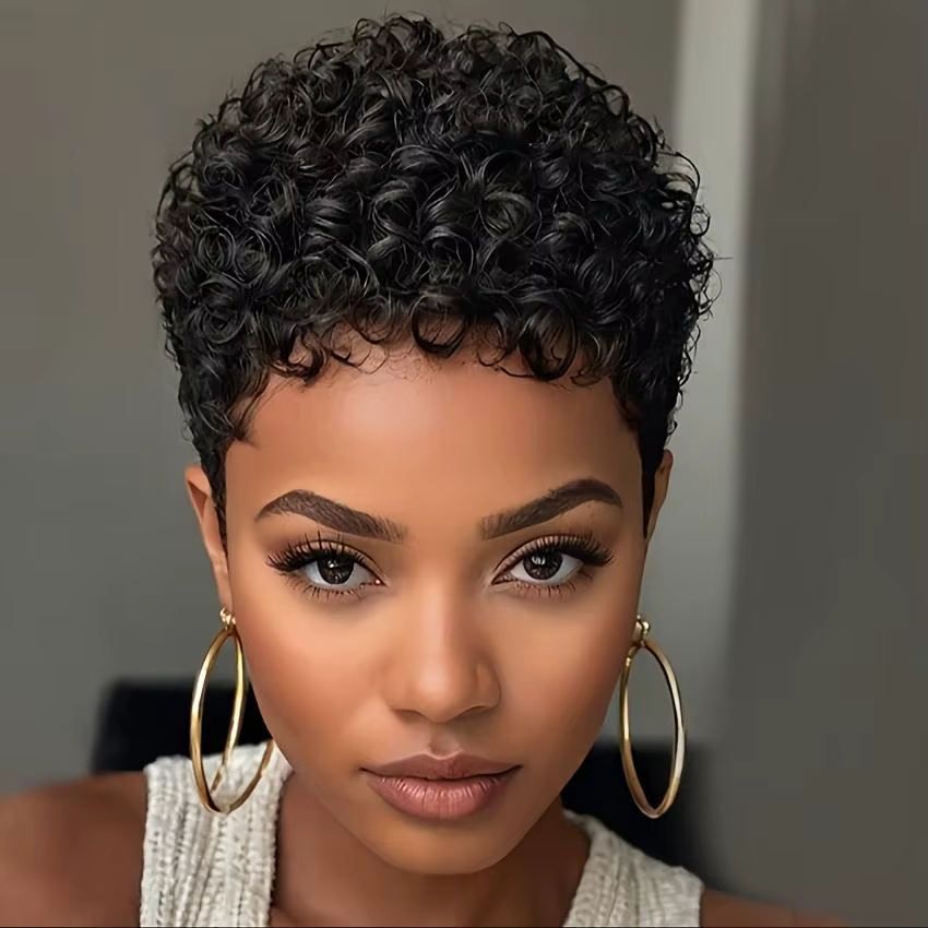 Perruque courte afro bouclée en cheveux humains, densité 150 %, fabriquée à la machine, coupe pixie,