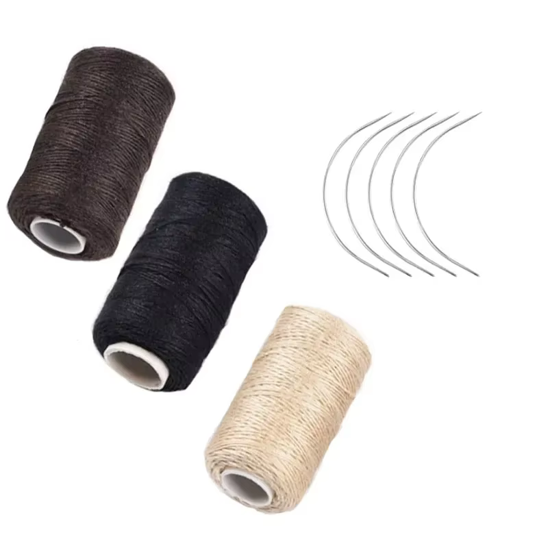 Fil à coudre en coton pour tissage de cheveux, 3 rouleaux, avec 5 aiguilles incurvées en C, pour la 