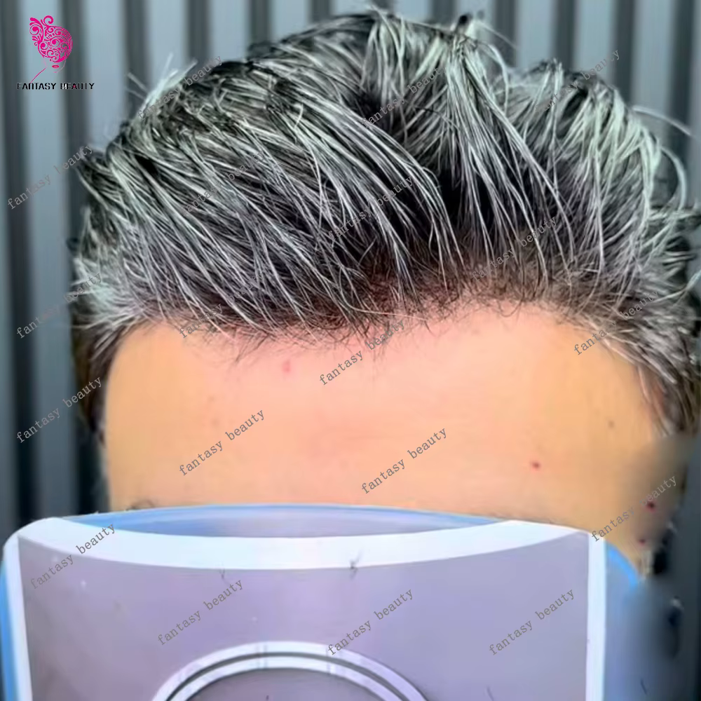 Cheveux humains toupet pour hommes noir gris 1B40 # 2 système super durable de PU de peau complète i