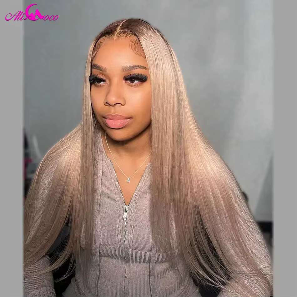 Perruque Lace Front Wig naturelle lisse ombré blond, 13x4, 13x4, racines brunes, pre-plucked, densit