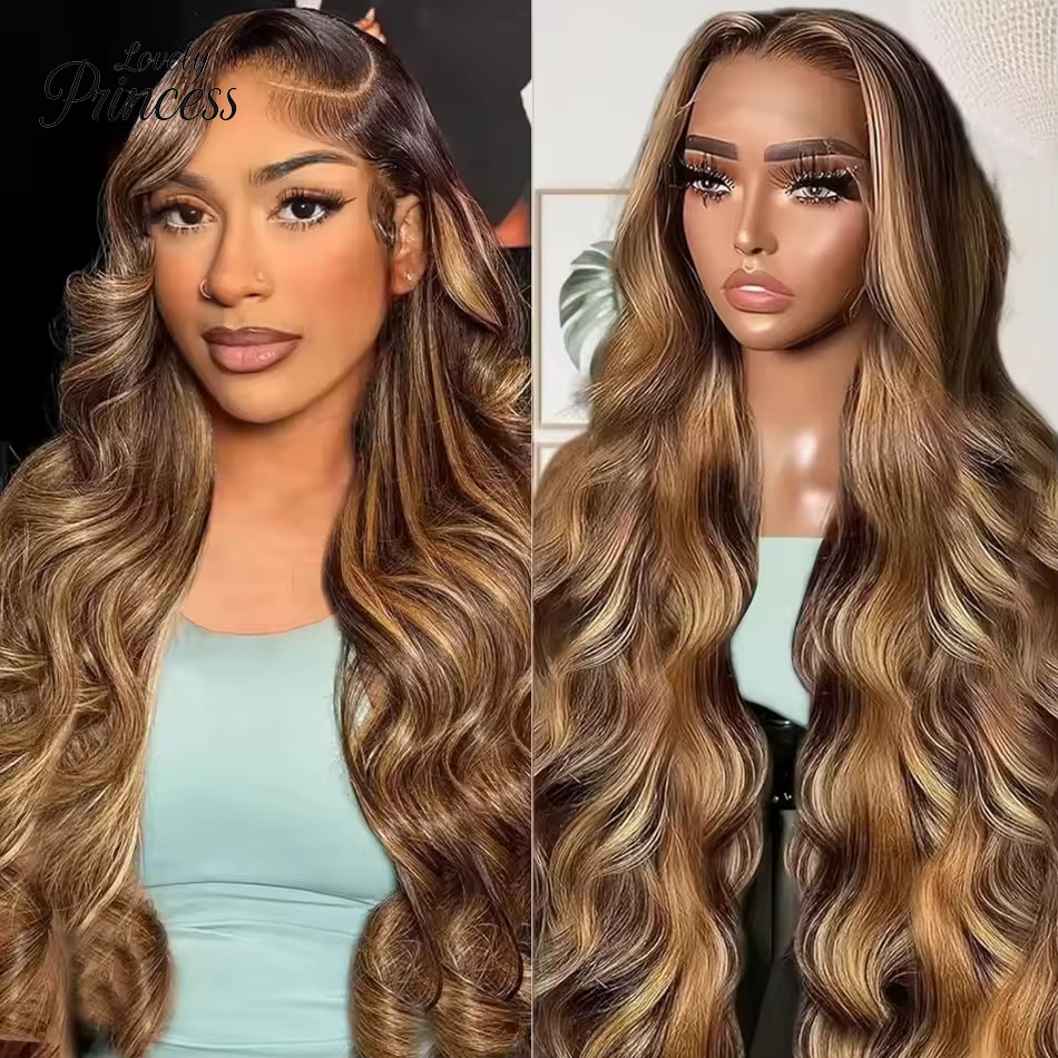 Perruque Body Wave P/427 Blond Miel avec Mèches, Cheveux Humains, Perruques Lace Front 13x4 13x6, Pe