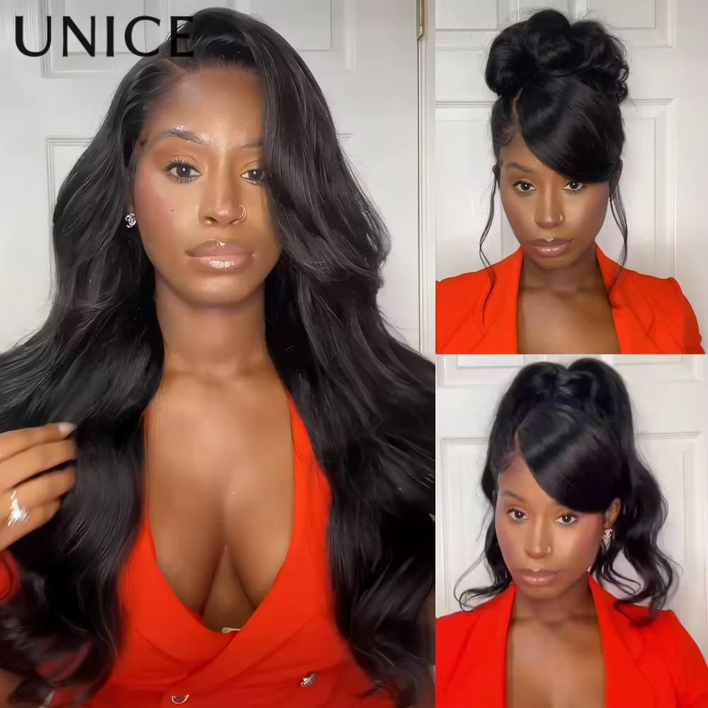 UNice 13x4 Pré-tout ™ Perruques de cheveux humains à vague lâche avec frange et cordon de serrage