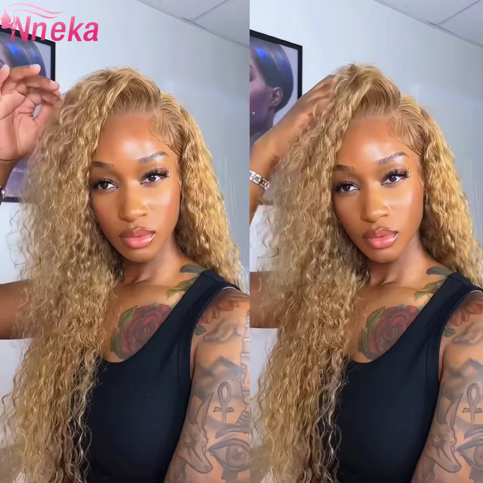 Perruque Lace Front Wig naturelle bouclée blond miel, cheveux humains, Deep Wave, 13x6, 13x4, Hd, po