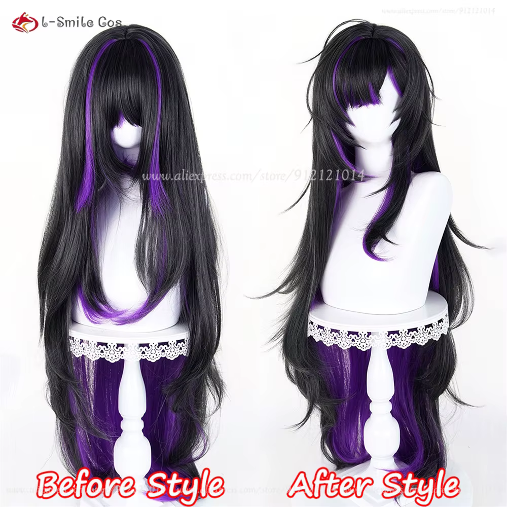 Étiquette NIKKE ‌   Perruque de cosplay synthétique résistante à la chaleur, 100cm, noir et violet m