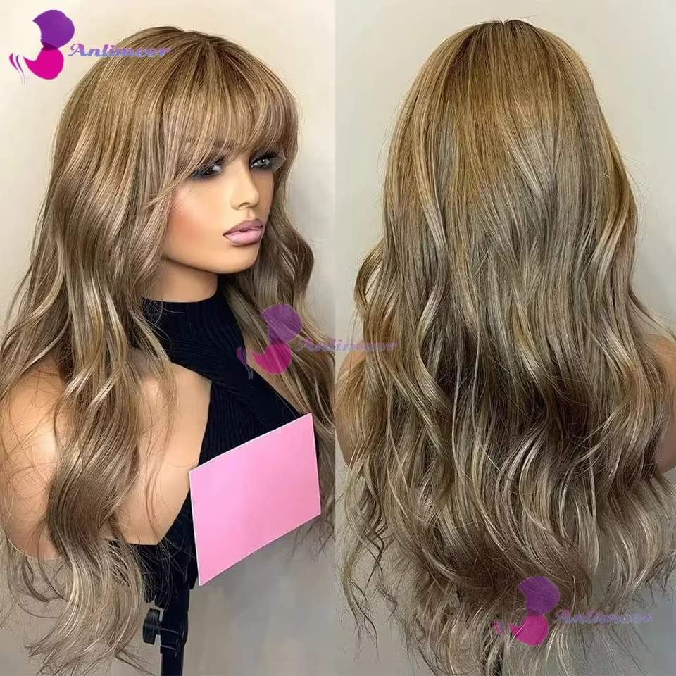Perruques en cheveux humains blond miel avec frange, ondulées, sans colle, 13x6/360, avec nœuds blan