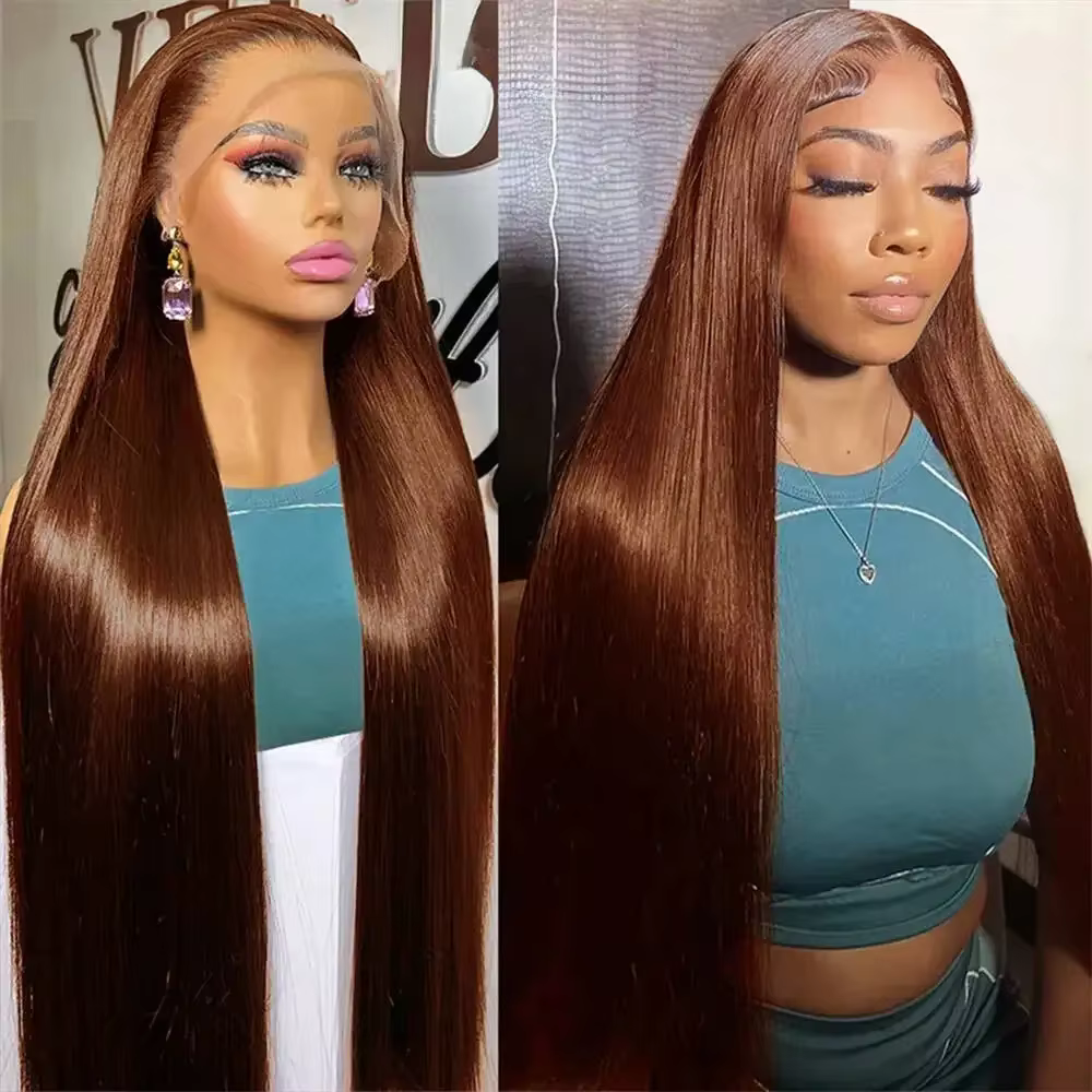 Perruques en cheveux humains lisses avec dentelle HD 13x4, densité 200, couleur chocolat # 4 perruqu