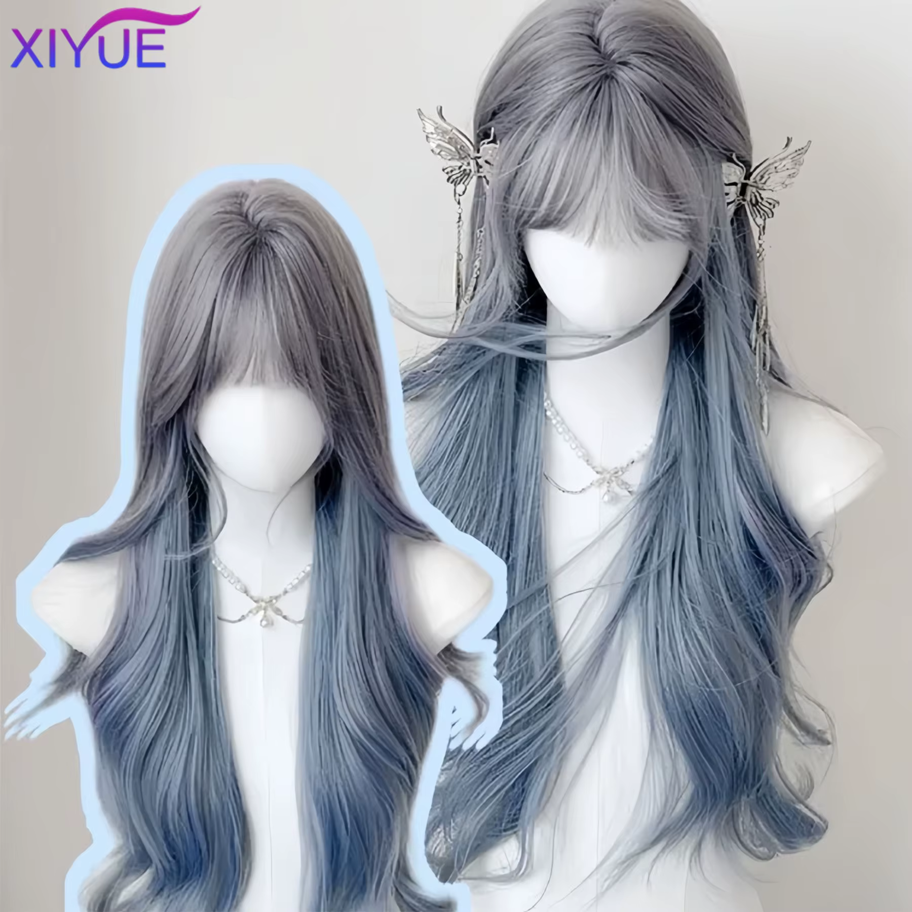 XIYUE – perruque synthétique longue et lisse avec reflets gris, cheveux de Cosplay avec frange, rési